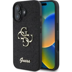 Guess PU pevný zadný kryt s kovovým logom 4G s trblietkami pre iPhone 16 Plus Black