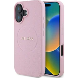 Guess PU zrnitý klasický zadný kryt MagSafe s logom pre iPhone 16 Pink