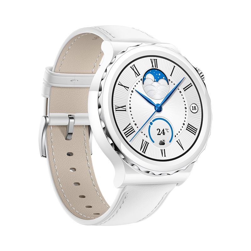 Huawei Watch GT3 Pro 43 mm, strieborný rámček, biele keramické puzdro, biely kožený remienok