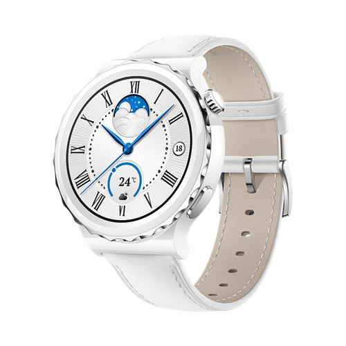 Huawei Watch GT3 Pro 43 mm, strieborný rámček, biele keramické puzdro, biely kožený remienok