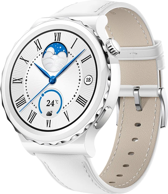 Huawei Watch GT3 Pro 43 mm, strieborný rámček, biele keramické puzdro, biely kožený remienok