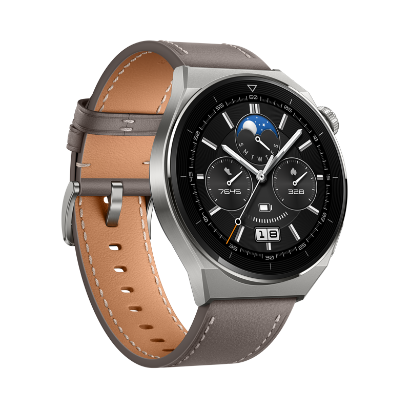 Huawei Watch GT3 Pro 46 mm, Light Titanium Case + Gray Leather Strap