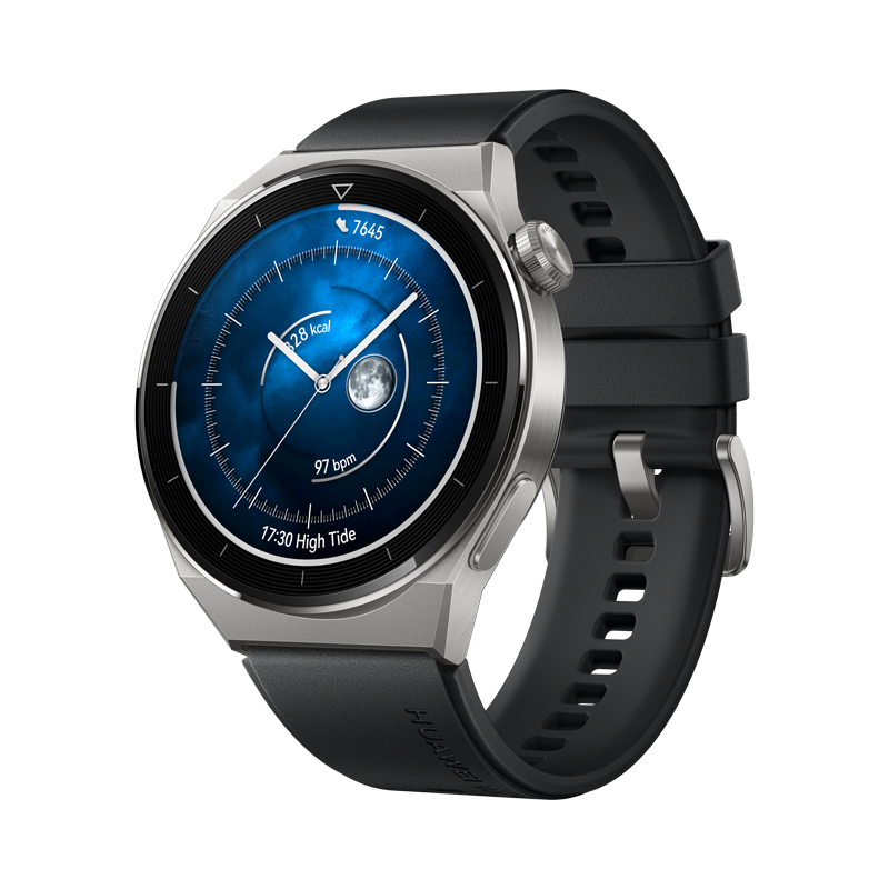 Huawei Watch GT3 Pro 46 mm, puzdro z ľahkého titánu, čierny fluoroelastomérový remienok