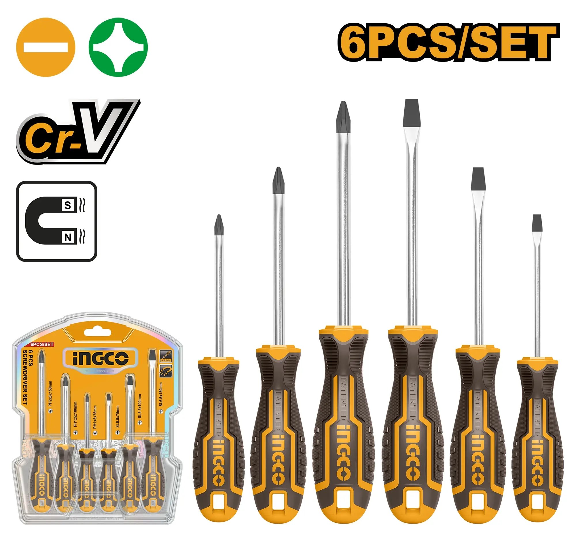 Ingco HKSD0628 Sada skrutkovačov plochých + krížových 6ks CrV