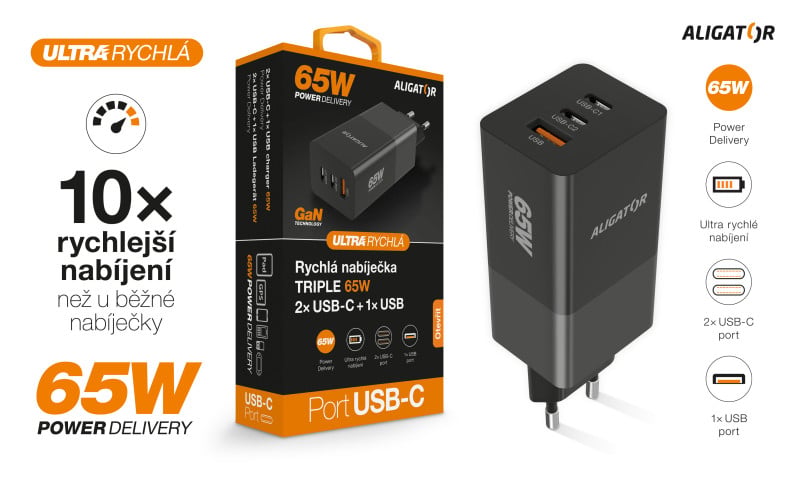 Inteligentná sieťová nabíjačka ALIGATOR GaN, Power Delivery 65 W, 2xUSB-C, 1xUSB-A, čierna