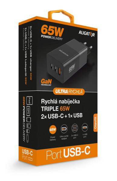 Inteligentná sieťová nabíjačka ALIGATOR GaN, Power Delivery 65 W, 2xUSB-C, 1xUSB-A, čierna