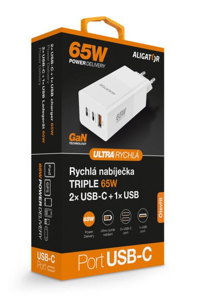 Inteligentná sieťová nabíjačka ALIGATOR GaN, Power Delivery 65W, 2xUSB-C, 1xUSB-A, biela