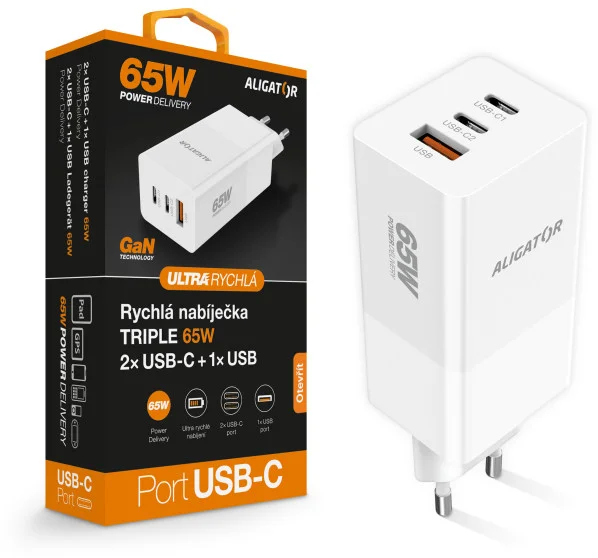 Inteligentná sieťová nabíjačka ALIGATOR GaN, Power Delivery 65W, 2xUSB-C, 1xUSB-A, biela