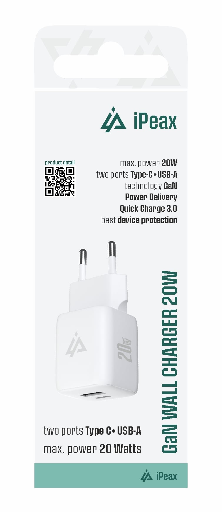 iPEAX GaN sieťová nabíjačka 20 W (USB-C + USB-A), biela