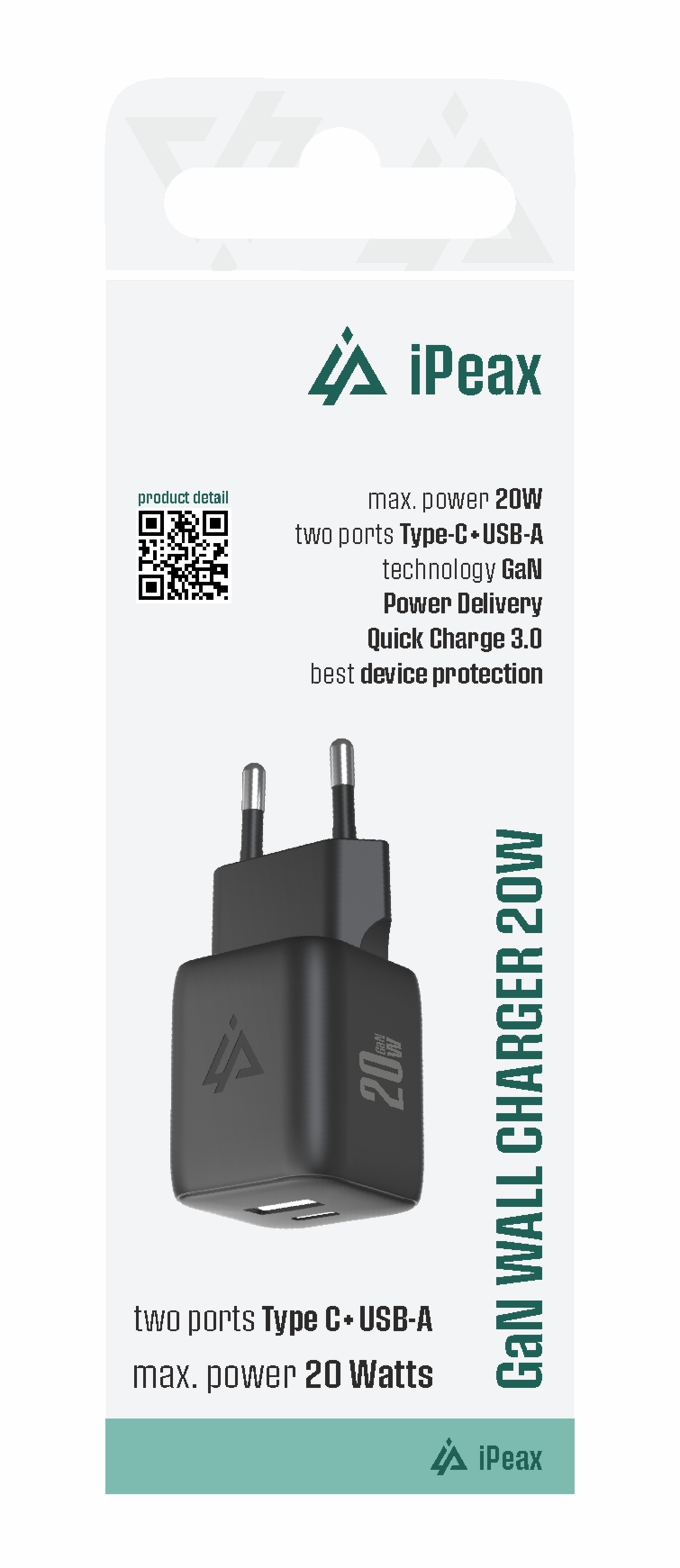 iPEAX GaN síťová nabíječka 20 W (USB-C + USB-A), černá