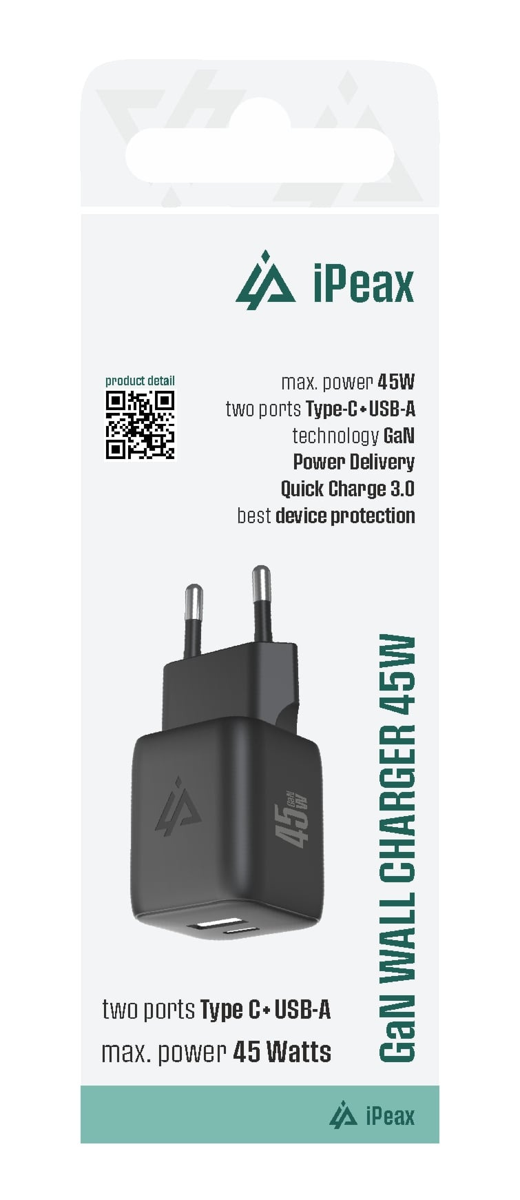 iPEAX GaN síťová nabíječka 45 W (USB-C + USB-A), černá