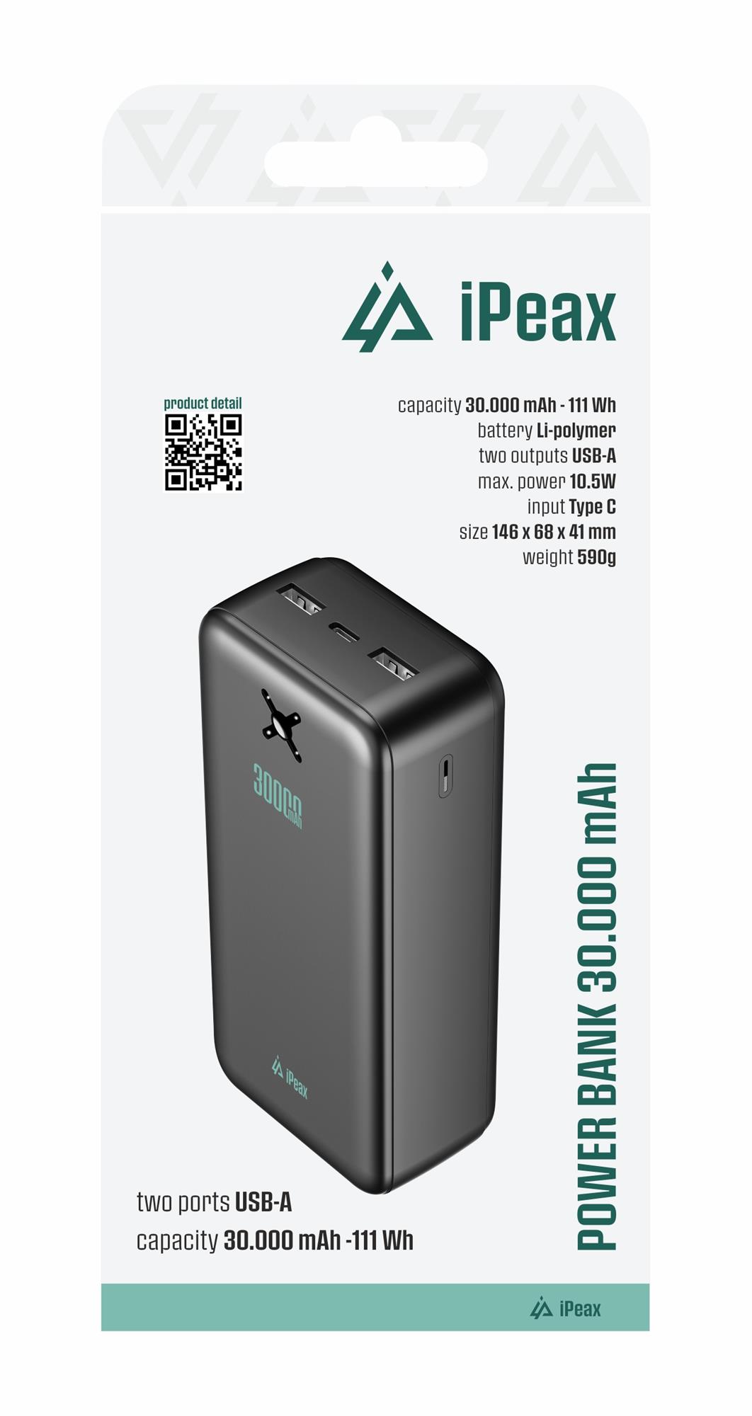 iPEAX powerbanka 30 000 mAh, 10,5 W, 2× USB-A, černá