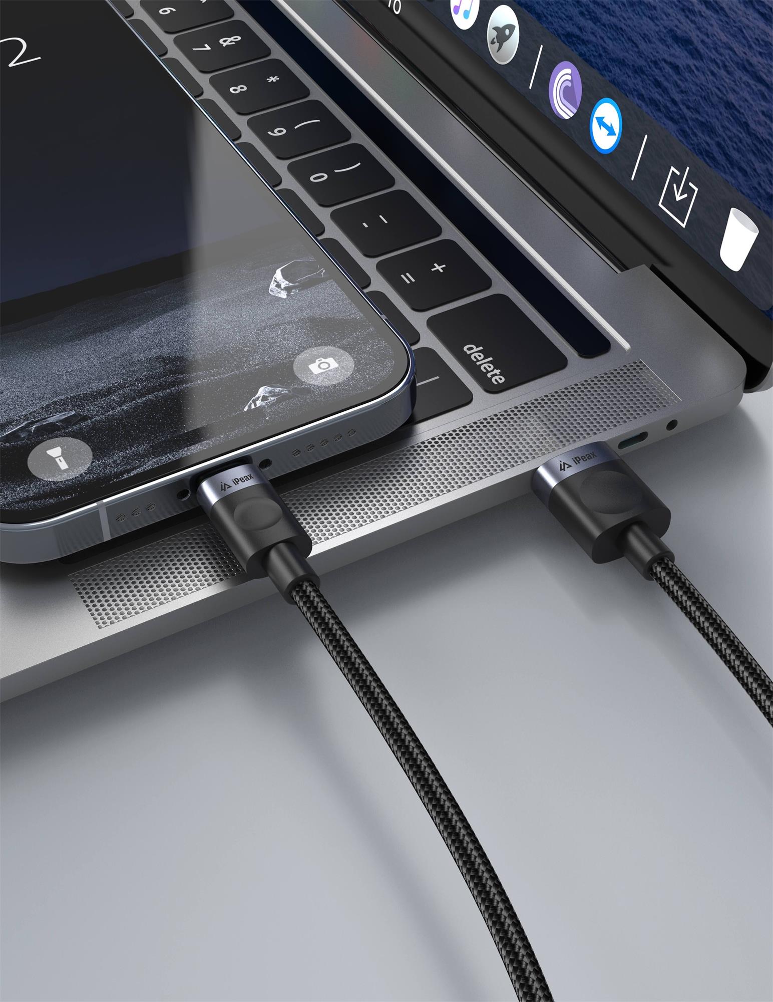 iPEAX textilní kabel USB-A / Lightning 1 m, USB 2.0, černý