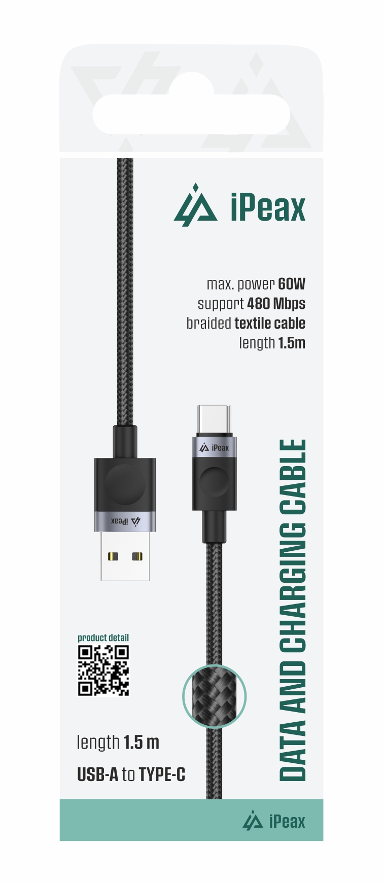 iPEAX textilní kabel USB-A / USB-C 1,5 m, USB 2.0, černý