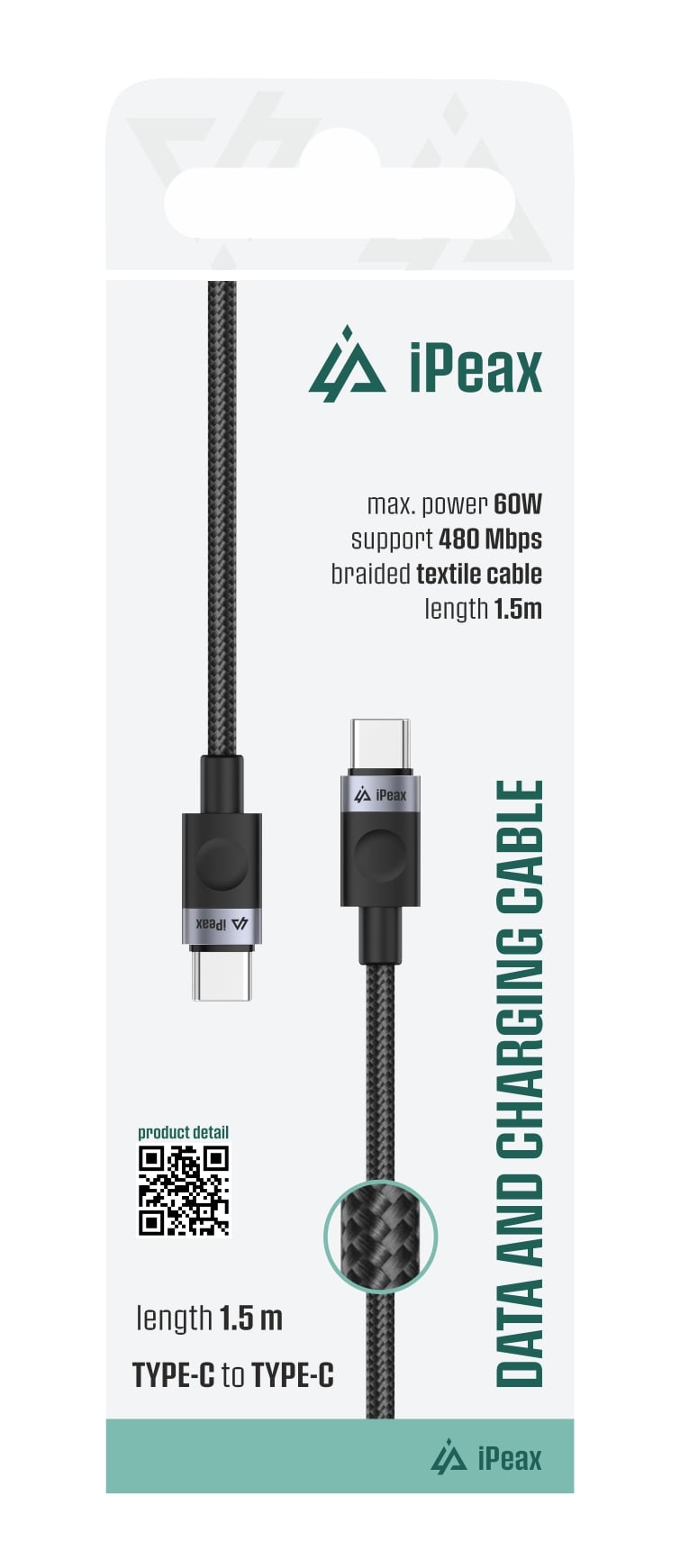 iPEAX textilní kabel USB-C / USB-C 1,5 m, USB 2.0, černý