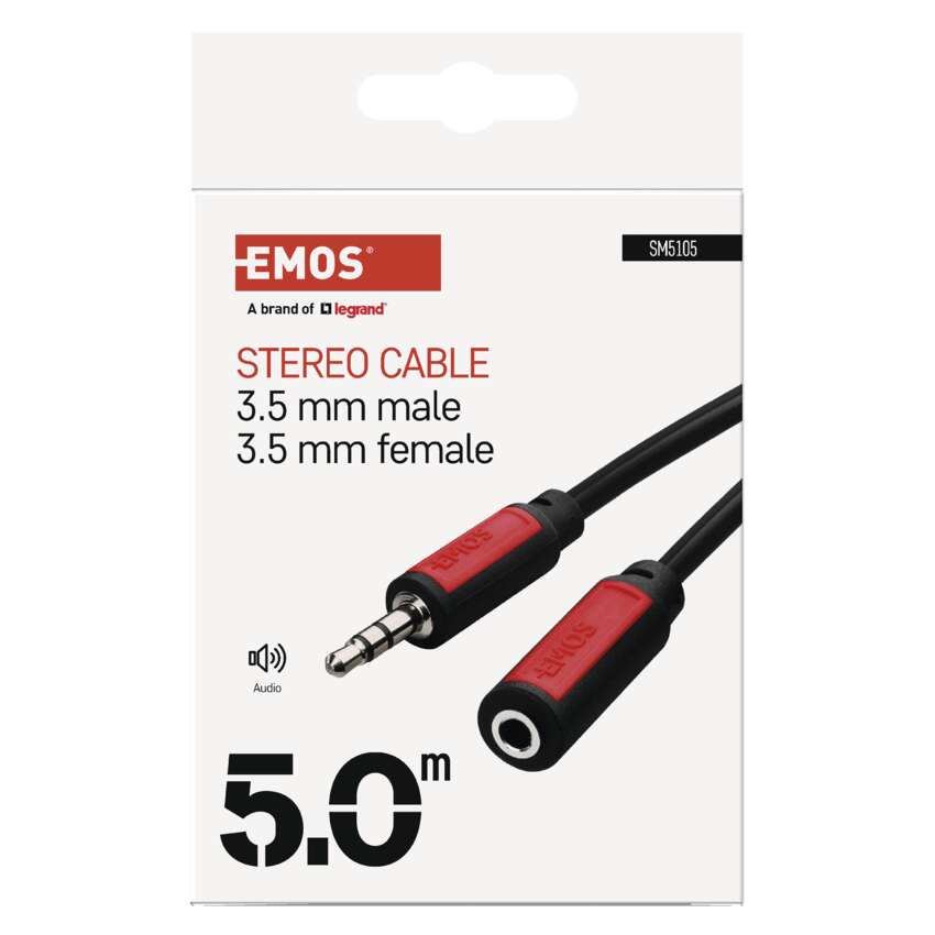 JACK kábel 3,5 mm stereo, vidlica - 3,5 mm zásuvka 5 m