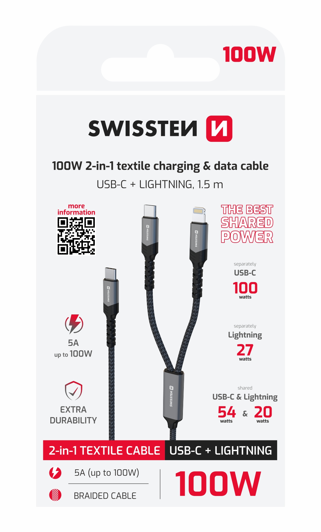 Kábel Swissten 2 v 1 USB-C / Lightning 100 W, 1,5 m, čierny