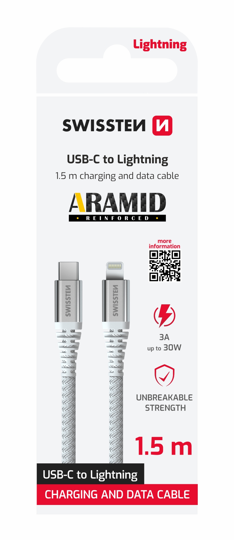 Kábel Swissten Aramid USB-C / Lightning 1,5 m, biely