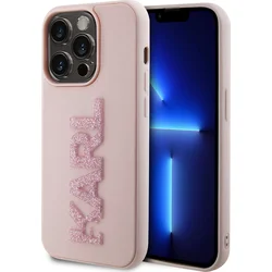 Karl Lagerfeld 3D gumový zadný kryt s trblietavým logom Karl pre iPhone 15 Pro Max Pink