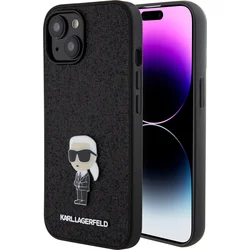 Karl Lagerfeld Pevný kovový zadný kryt Ikonik s trblietkami pre iPhone 15 Black