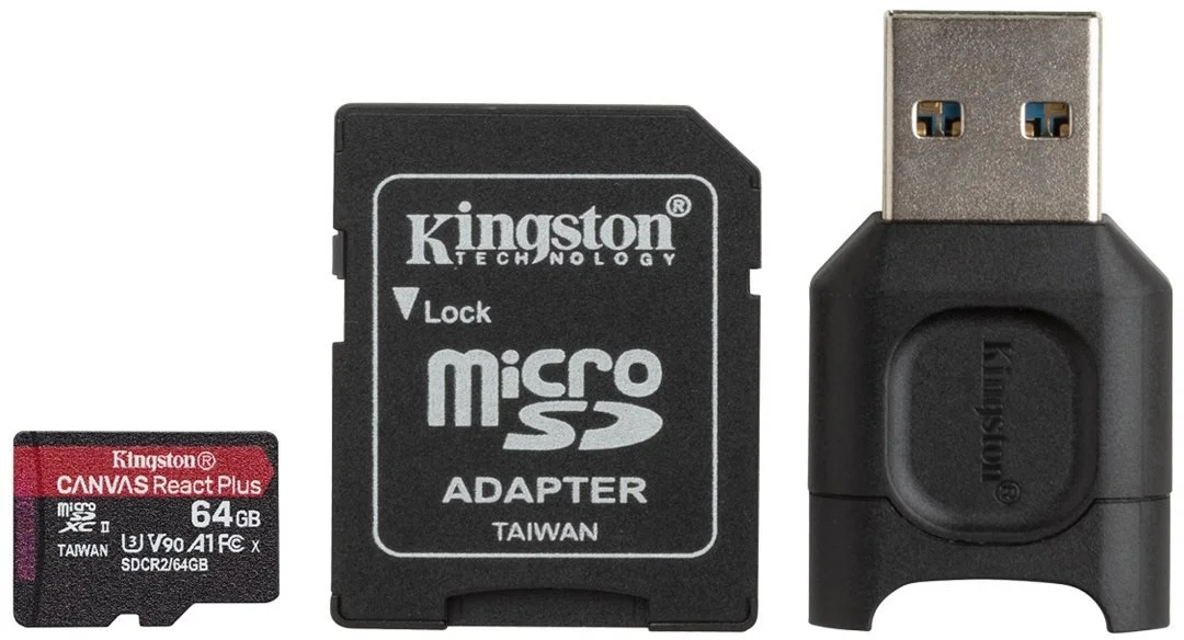 Kingston micro SDXC 64GB Canvas React Plus SDXC UHS-II V90 (čítanie/zápis: 285/165MB/s) + SD adaptér + čítačka kariet MLPMR2/64GB