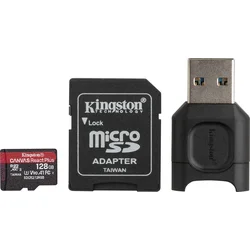 KINGSTON microSDXC 128GB Canvas React Plus SDXC UHS-II V90 (čtení/zápis: 285/165MB/s) + SD adaptér + čtečka karet
