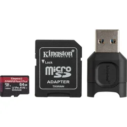 KINGSTON microSDXC 64GB Canvas React Plus UHS-II V90 (čtení/zápis: 285/165MB/s) + SD adaptér + čtečka karet