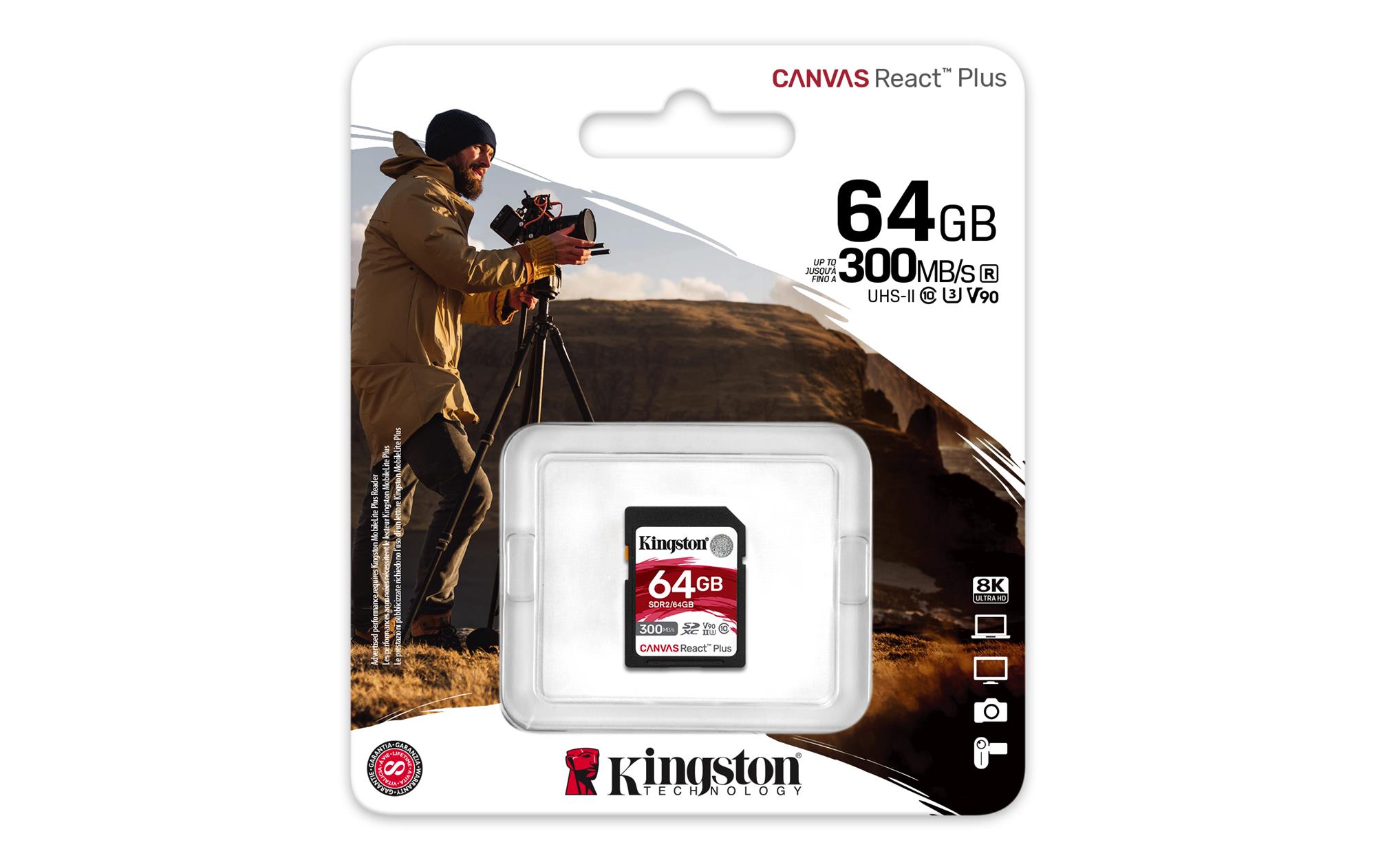 KINGSTON SDXC 64GB Canvas React Plus UHS-II V90 (čtení/zápis: 300/260MB/s)