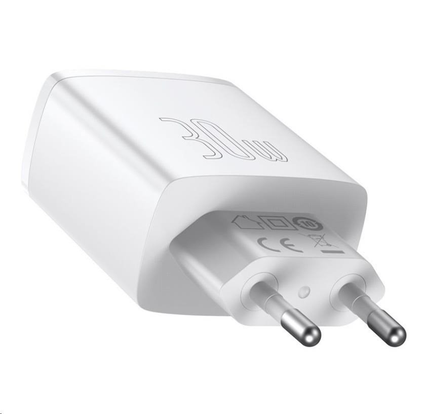 Kompaktný rýchlonabíjací adaptér Baseus 2x USB-A, 1x USB-C 30W biely