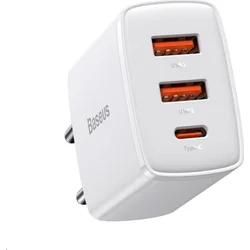 Kompaktný rýchlonabíjací adaptér Baseus 2x USB-A, 1x USB-C 30W biely