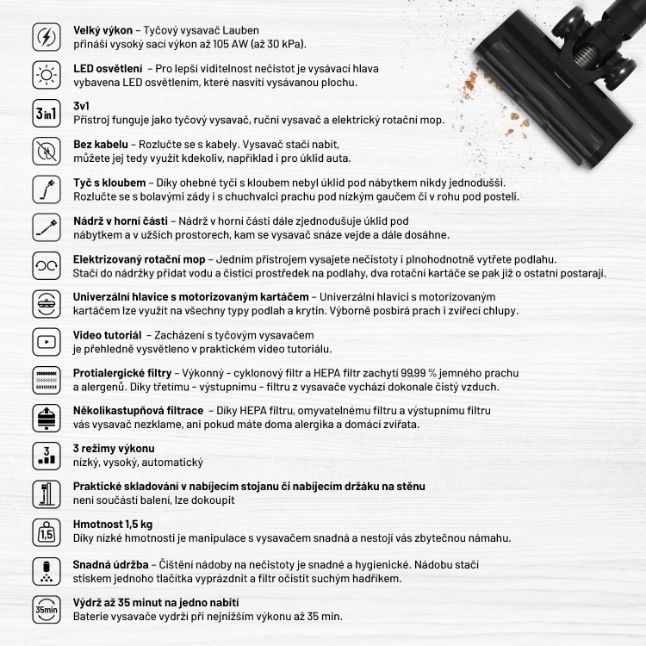 Lauben Stick Vacuum & Mop 3in1 Pet Deluxe 400BC - tyčový vysavač 3v1