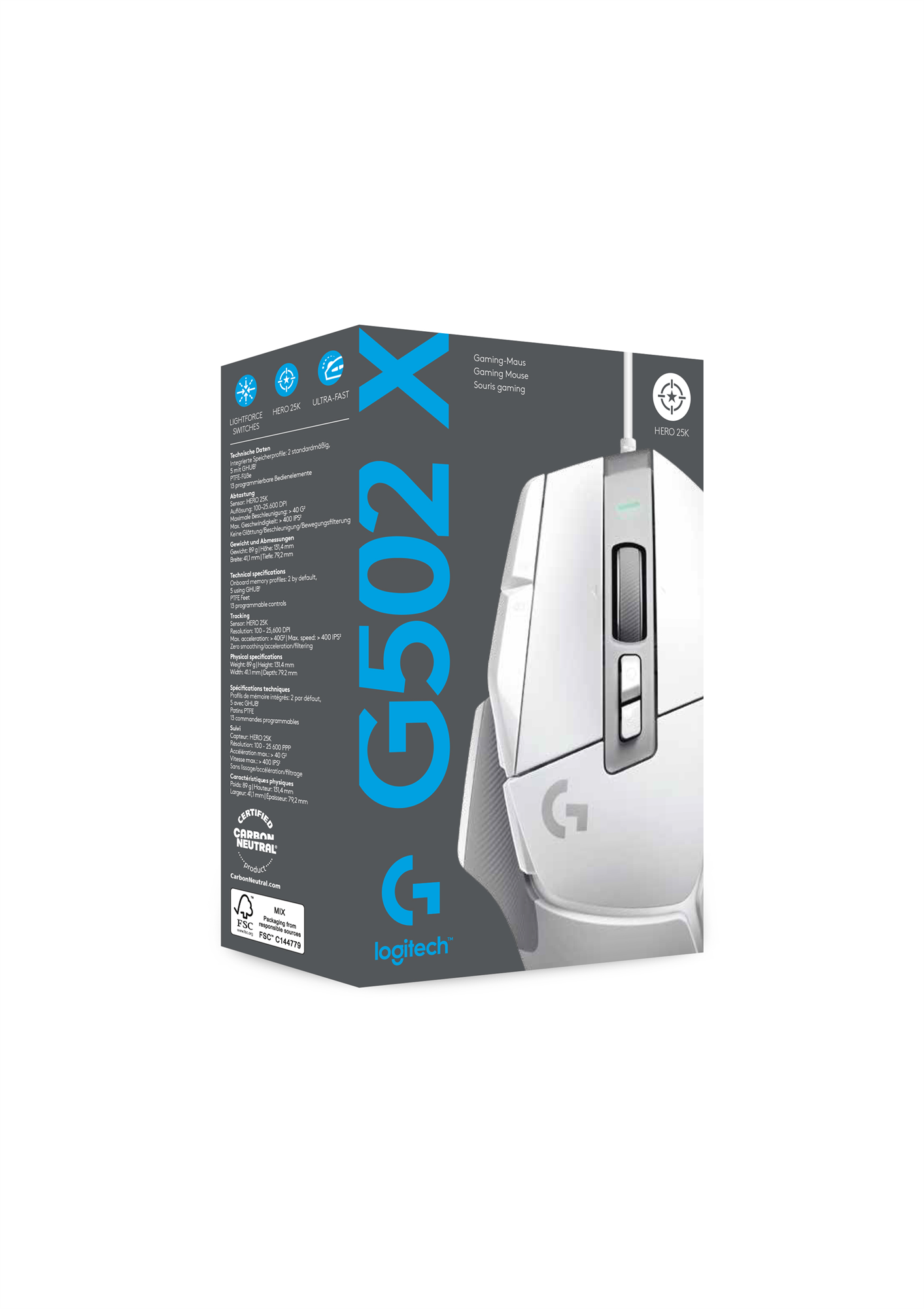 Logitech G502 X Gaming Mouse, bílá