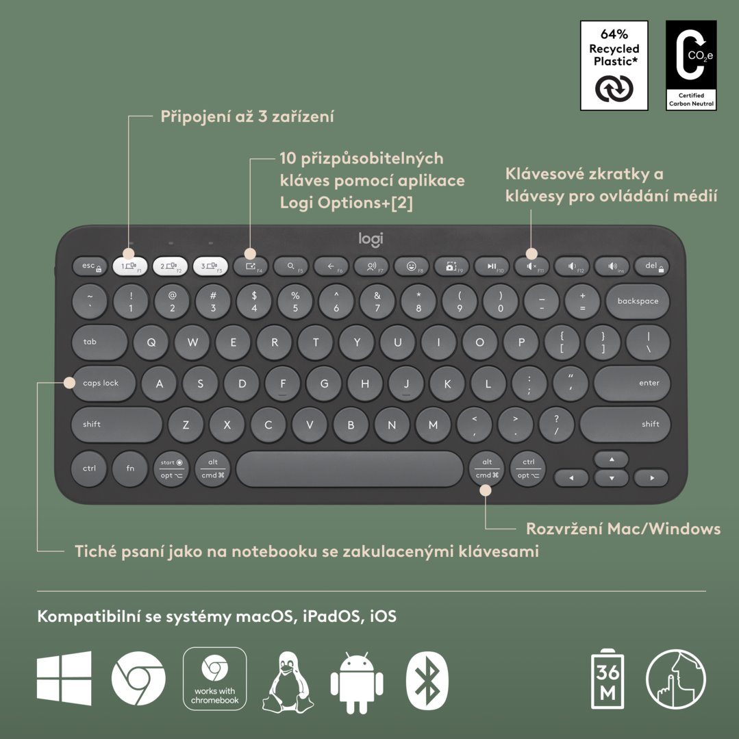 Logitech Pebble Keys 2 K380s, US, bezdrátová klávesnice, grafitová