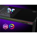 LORGAR stůl s volitelnou výškou, vestavěnou skříní pro PC, bezdrátovou nabíječkou, RGB a USB porty, tvrzené sklo