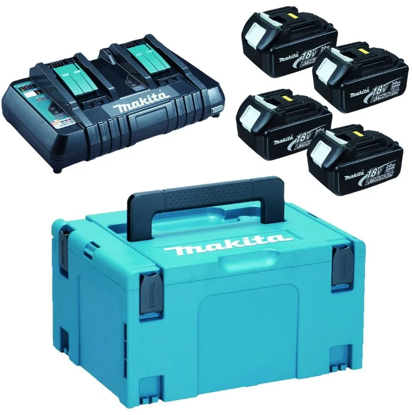Makita Sada 4 akumulátorů Li-ion 18V 3,0Ah + dvojnabíječka DC18RD + systainer Makita (197970-3)