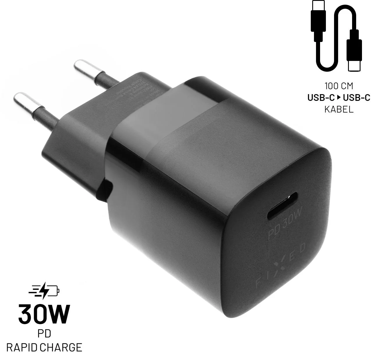 Mini sieťová nabíjačka FIXED s výstupom USB-C a káblom USB-C/USB-C, podpora PD, 1 meter, 30 W, čierna