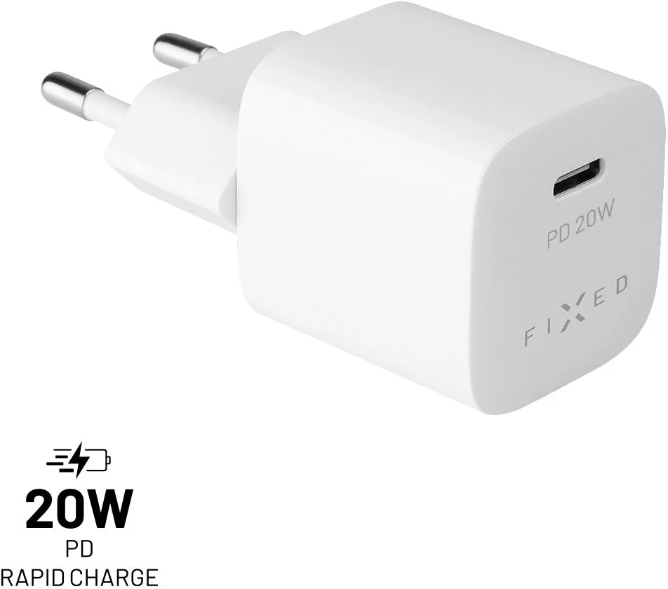 Mini sieťová nabíjačka FIXED s výstupom USB-C a podporou PD, 20 W, biela