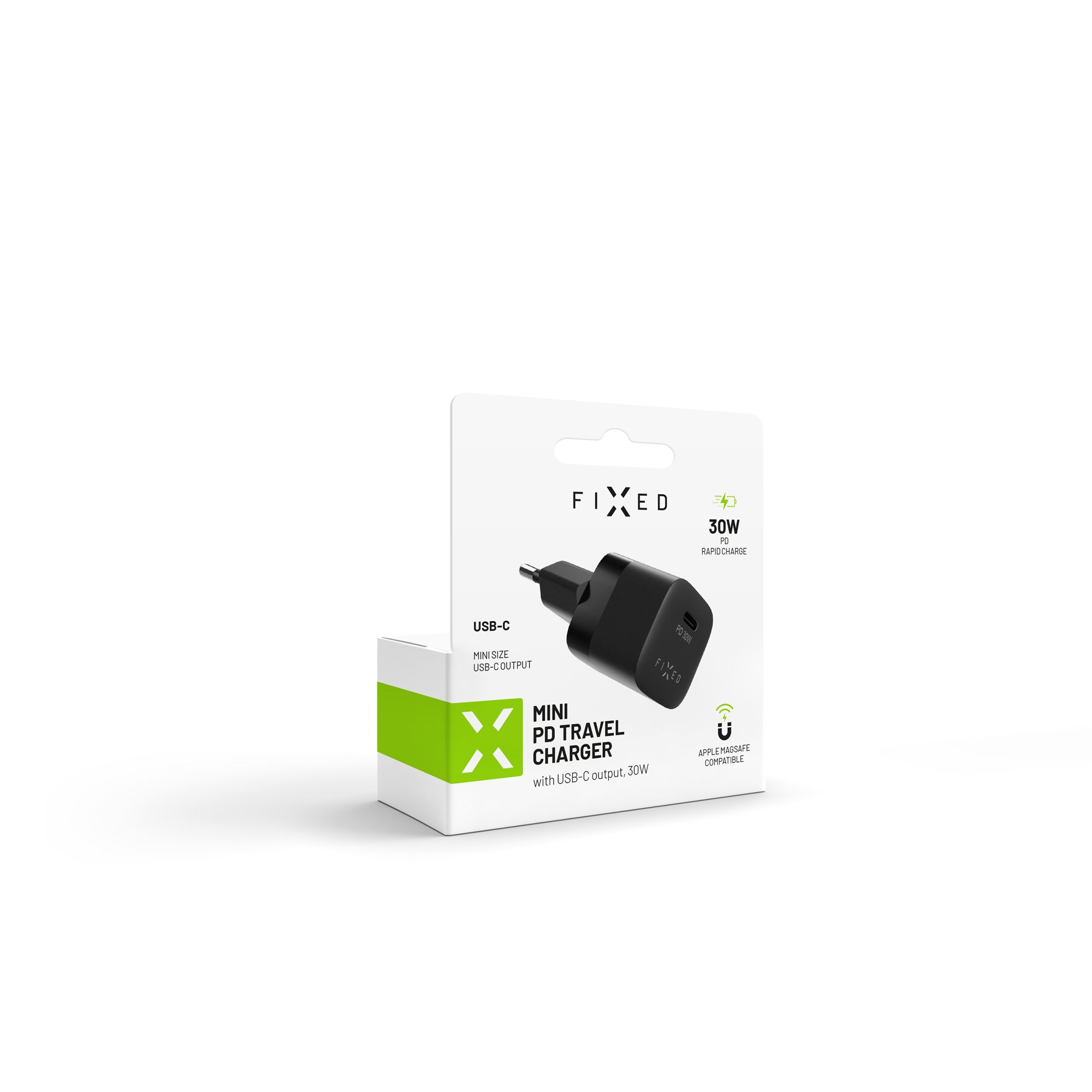 Mini sieťová nabíjačka FIXED s výstupom USB-C a podporou PD, 30 W, čierna