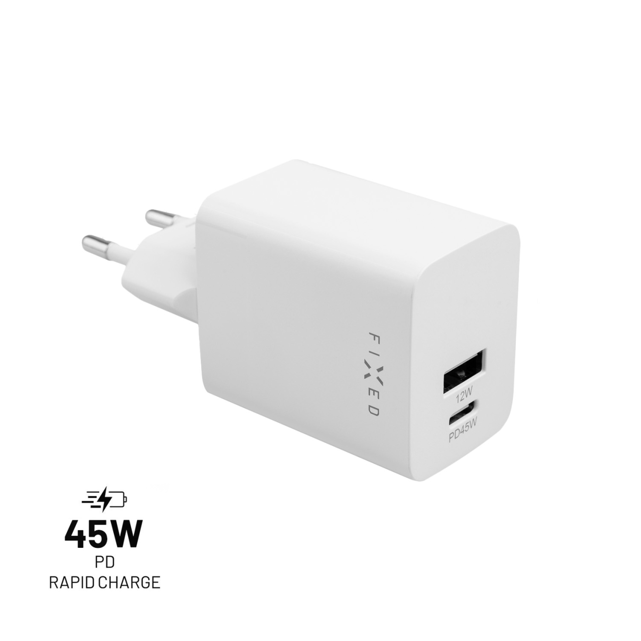 Mini sieťová nabíjačka FIXED s výstupom USB-C a USB, podpora PD, 45 W, biela