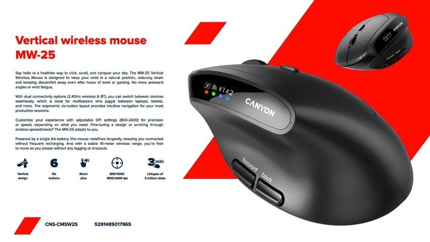 Myš CANYON MW-25 Ergonomická LED AA Dvojitý režim Bezdrôtová čierna