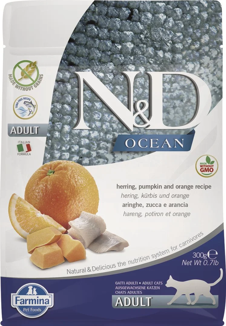 N&D OCEAN CAT Adult Herring, Pumpkin & Orange 300g granule pre mačky
