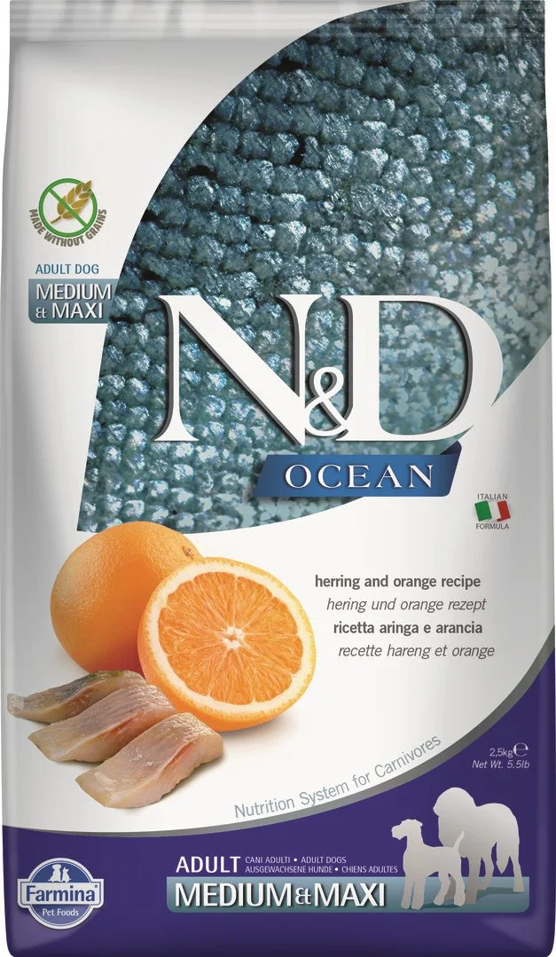 N&D OCEAN DOG Adult M/L Herring & Orange 2,5kg granule pro psy
