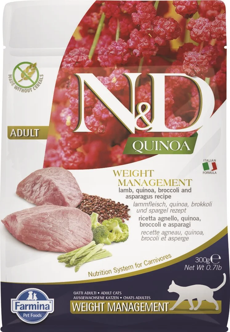 N&D QUINOA CAT Weight Management Lamb & Broccoli 300g granule pre mačky