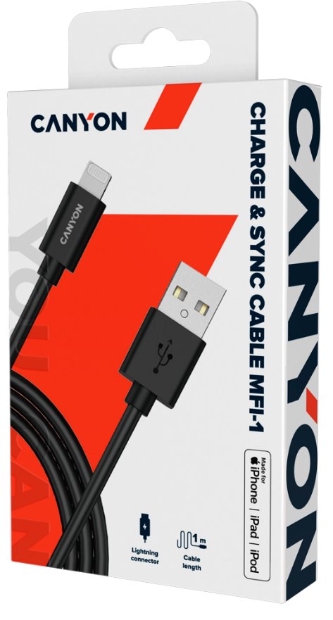 Nabíjací kábel CANYON Lightning MFI-1, kompaktný, certifikovaný spoločnosťou Apple, dĺžka 1 m, čierny