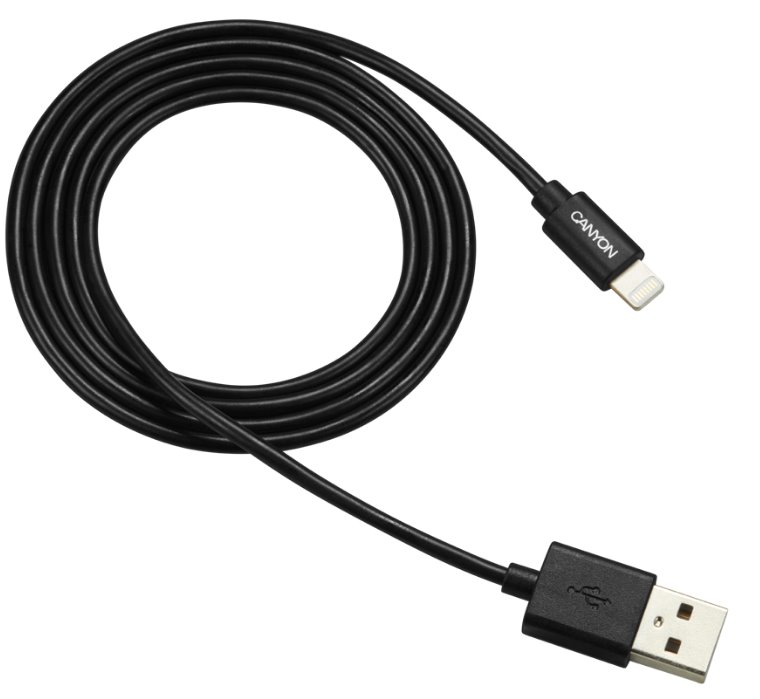 Nabíjací kábel CANYON Lightning MFI-1, kompaktný, certifikovaný spoločnosťou Apple, dĺžka 1 m, čierny