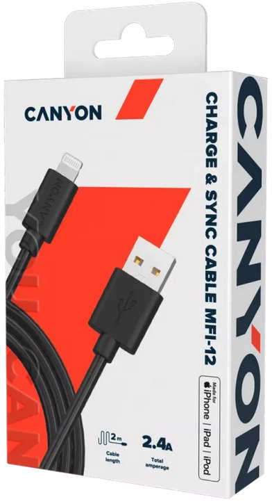 Nabíjací kábel CANYON Lightning MFI-12, 26 MB/s, 5 V/2,4 A, certifikovaný spoločnosťou Apple, dĺžka 2 m, biely
