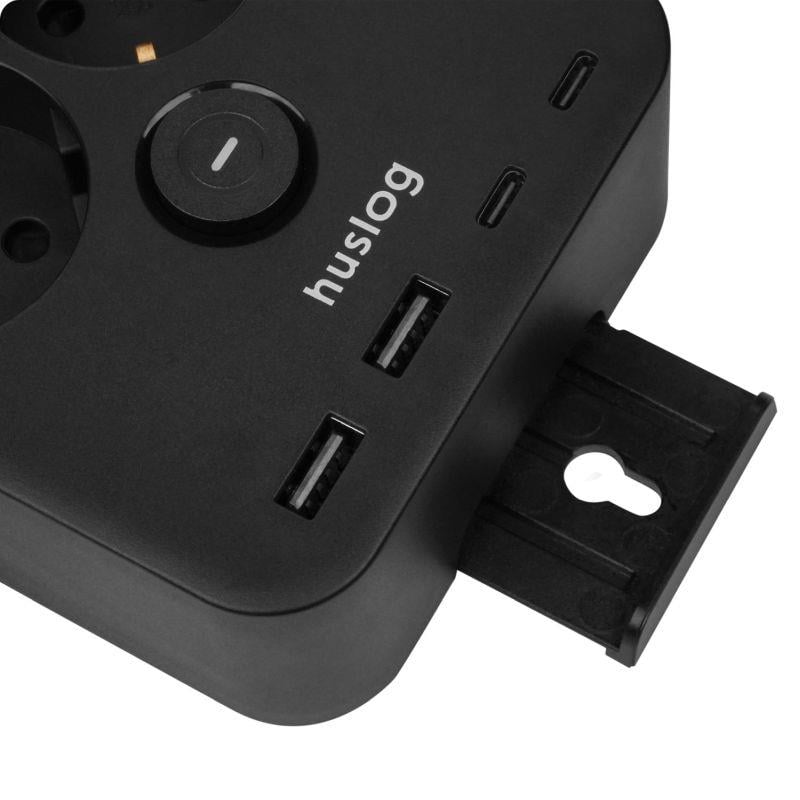 Nabíjacia stanica Huslog 15W 2xzásuvka, 2xUSB-C, 2xUSB, 1x držiak na telefón čierna