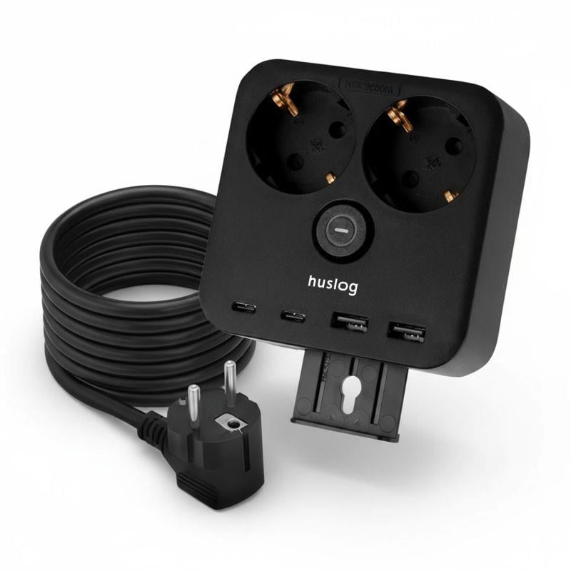 Nabíjacia stanica Huslog 15W 2xzásuvka, 2xUSB-C, 2xUSB, 1x držiak na telefón čierna