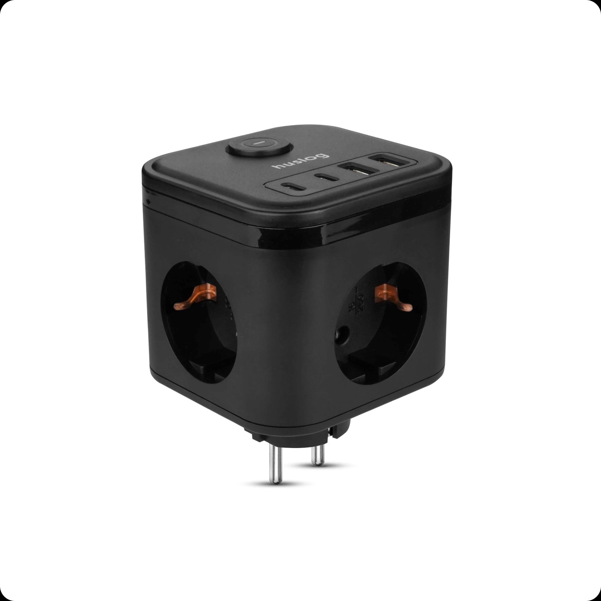 Nabíjacia stanica Huslog 15W 3xzásuvka, 2xUSB-C, 2xUSB, 1x vypínač čierna