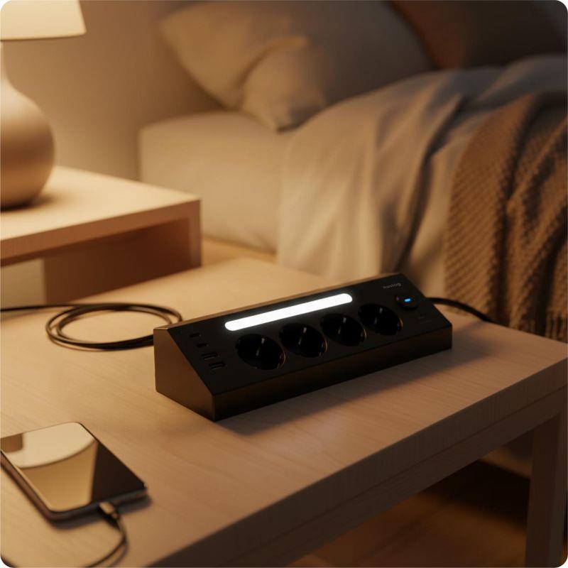 Nabíjacia stanica Huslog 15W 4x zásuvka, 2xUSB-C, 2xUSB, 1x LED svetlo čierna